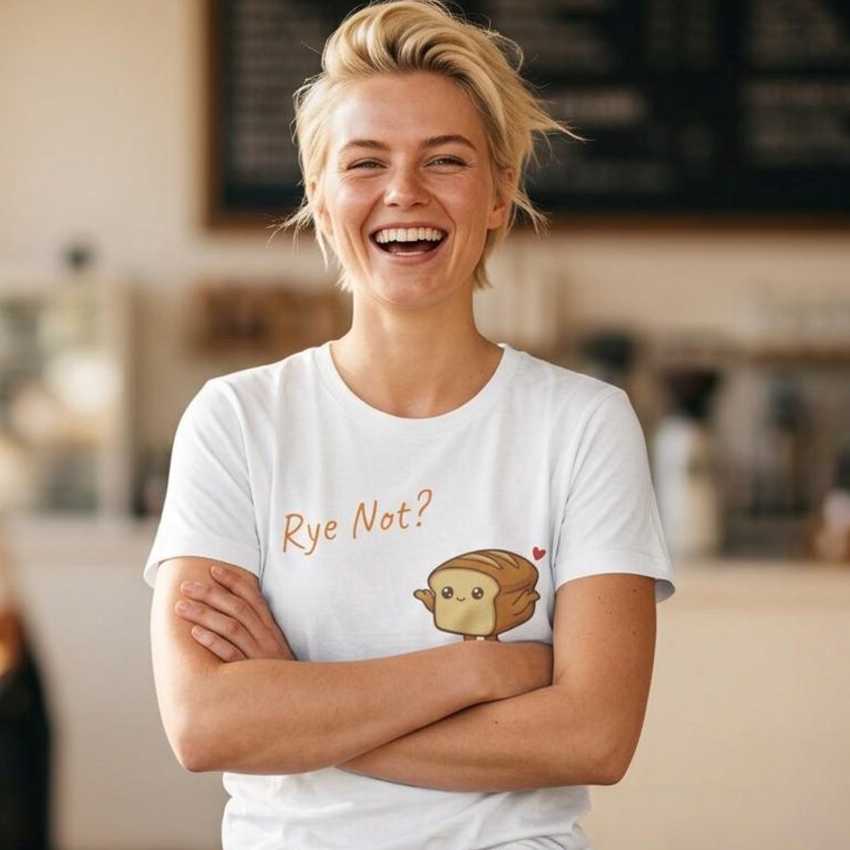 Rye Not Cartoon Bread T Shirt, Cute Bread Pun Tee, Kawaii Loaf Graphic Tee, Funny Baker Gift, Sourdough Lover Shirt, Foodie Gift